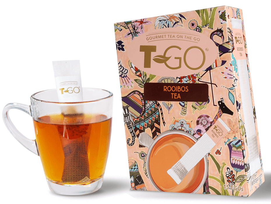 TGO Rooibos Teabag in a cup with TGO Rooibos Tea Pack