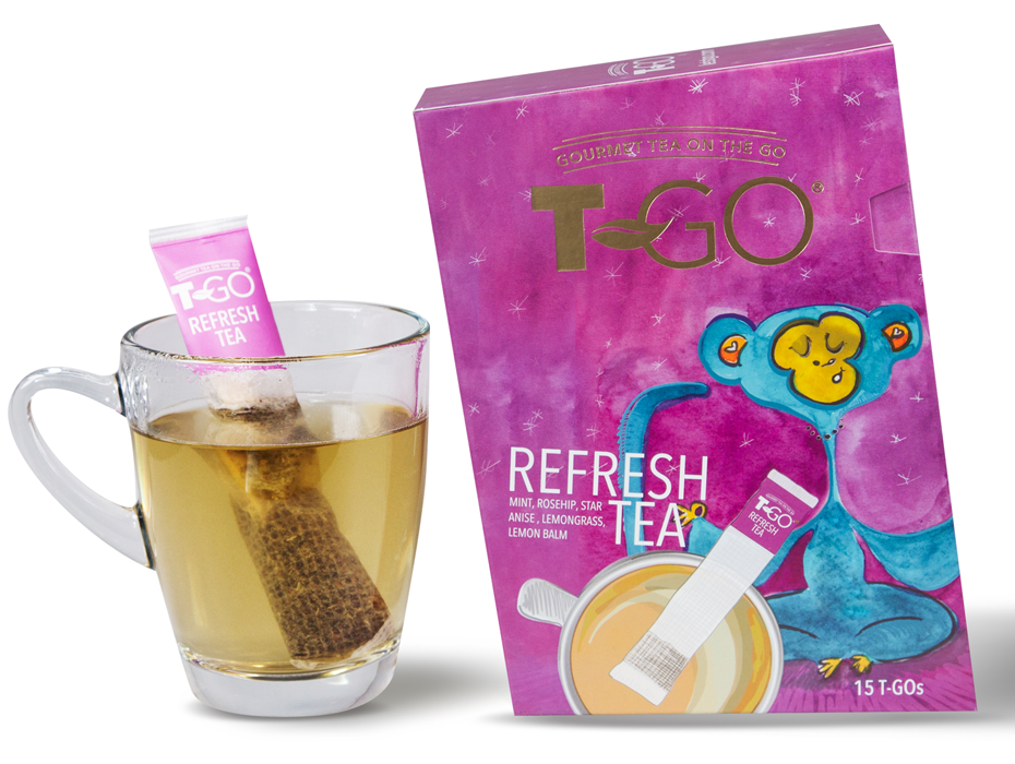 TGO Refresh Teabag in a cup with TGO Refresh Tea Pack