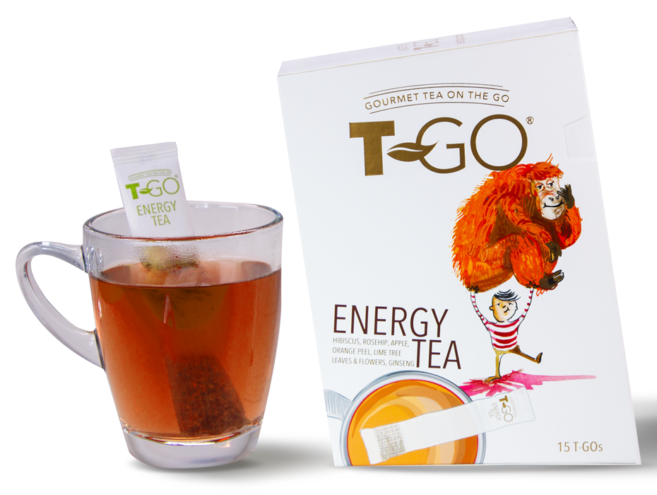 Energy Tea bag in a cup with TGO Energy Tea pack