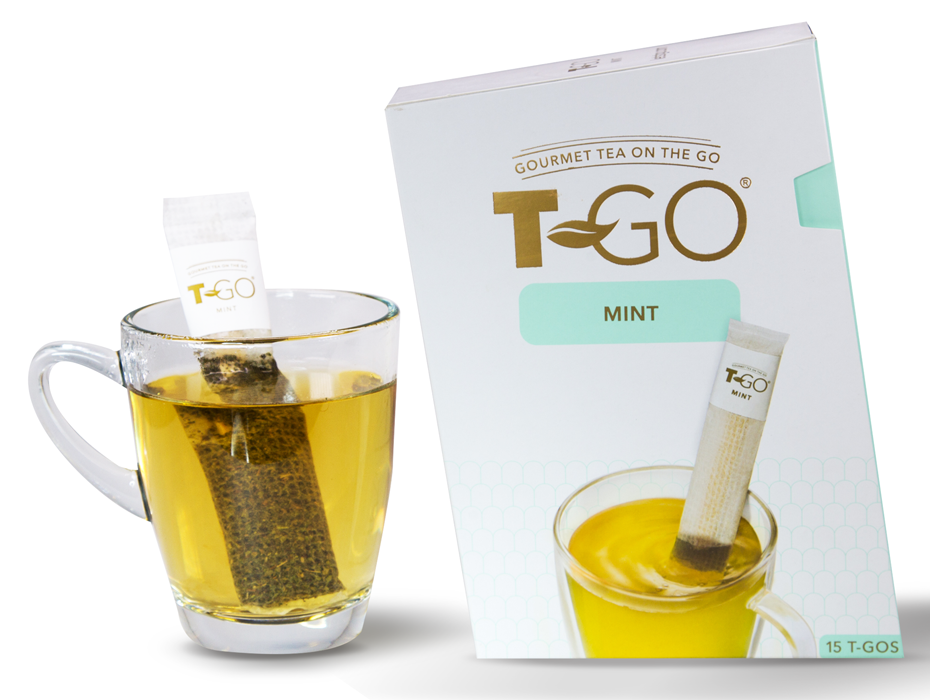 TGO Mint teabag in a cup with TGO Mint Tea Pack